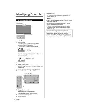 Page 1818English
  4 POWER button
  • 
An image of the control panel is displayed on the 
screen while in use.
  Note
●  
The TV consumes a small amount of electric energy 
even when turned off.
●  
Do not place any objects between the TV remote 
control sensor and remote control.
●  
For more information about operation for built-in 
camera or human activity sensor, please refer to 
eHELP. (p. 26) 
  Panasonic does not guarantee operation and 
performance of peripheral devices made by other 
manufacturers; and...