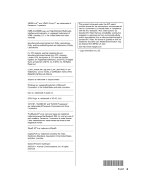 Page 33English
  This product is licensed under the AVC patent 
portfolio license for the personal and non-commercial 
use of a consumer to (i) encode video in compliance 
with the AVC Standard (“AVC Video”) and/or (ii) 
decode AVC Video that was encoded by a consumer 
engaged in a personal and non-commercial activity 
and/or was obtained from a video provider licensed to 
provide AVC Video. No license is granted or shall be 
implied for any other use. Additional information may 
be obtained from MPEG LA,...