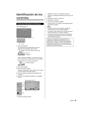 Page 1919Español
 Selecciona el menú y la entrada de submenú.
 (Presione y mantenga presionado para la función de 
MENU)
 2  Selecciona canales en secuencia
 3  Subir/Bajar el volumen
 4  El botón de encendido (POWER)
 • Cuando está en uso, aparece una imagen del panel 
de control en pantalla.
 Nota
●   El televisor consume una pequeña cantidad de 
energía eléctrica incluso estando apagado.
●   No coloque ningún objeto entre el sensor de control 
remoto del televisor y el mando a distancia.
●   Si desea más...