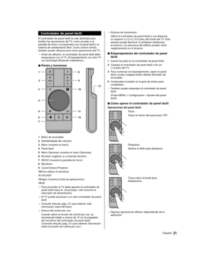 Page 2121Español
 Controlador de panel táctil
 El controlador de panel táctil ha sido diseñado para 
facilitar las operaciones del TV, como acceder a la 
pantalla de inicio o al explorador con el panel táctil y el 
sistema de señalamiento libre. Como control remoto, 
también puede utilizarse para otras operaciones del TV.●   Antes de utilizarlo, el controlador de panel táctil debe 
emparejarse con el TV

. (Emparejamiento con este TV 
con tecnología Bluetooth inalámbrica.)
 
■ Partes y funciones
 
 1  8
 7  4...