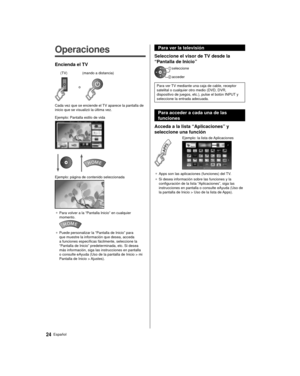 Page 2424Español
  
Operaciones
 Encienda el TV
  o
 (mando a distancia)
 (TV)
 Cada vez que se enciende el TV aparece la pantalla de 
inicio que se visualizó la última vez.
 Ejemplo: Pantalla estilo de vida
 
 Ejemplo: página de contenido seleccionada
 
● 
 Para volver a la “Pantalla Inicio” en cualquier 
momento.
 
●  Puede personalizar la “Pantalla de Inicio” para 
que muestre la información que desea, acceda 
a funciones específicas fácilmente, seleccione la 
“Pantalla de Inicio” predeterminada, etc. Si...