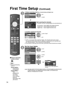 Page 1414
■ Press to exit from 
a menu screen
Note
 About broadcasting systems
 Analog (NTSC):
     Conventional 
broadcasting
 Digital (ATSC):
     New 
programming 
that allows 
you to view 
more channels 
featuring 
high-quality video 
and sound
 Select scanning mode (ALL channels/Analog only/Digital only)
Auto programAll channels
Analog only
Digital only ok
 select
Auto programProgressNumber of analog channels
Number of digital channels32%
0Press RETURN to quit
RETURN
Start scanning the channels Available...