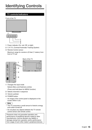 Page 1515English
  
Identifying Controls
 TV controls/indicators
   Front of the TV
 1
 2
 3
 1  Power indicator (On: red, Off: no light)
 2  C.A.T.S. (Contrast Automatic Tracking System)
 3  Remote Control sensor  Maximum range for remote is 23 feet (7 meters) from 
front of TV set
 
 
 Back of the TV
 1
 2
 4  3
 1  Changes the input mode  Selects Menu and Submenu entries
 (Press and hold down for MENU function)
 2  Selects channels in sequence
 3 Volume up/down
 4 POWER button
 • An image of the control...