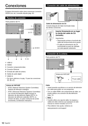 Page 1212Español
 Conexión del cable de alimentación
 
 Cable de alimentación de CA
 Conecte después de haber terminado todas 
las demás conexiones. Parte posterior del TV
 
 Inserte firmemente en su lugar 
la clavija del cable de CA 
(incluido).
 Importantes:
●   Desconectar primero el enchufe del 
cable del tomacorriente de la pared.
●   El cable de alimentación de CA 
suministrado es para ser utilizado 
con este aparato solamente.
 Conexión de la antena
 
 Parte posterior del TV
 Antena de VHF/UHF  o TV por...