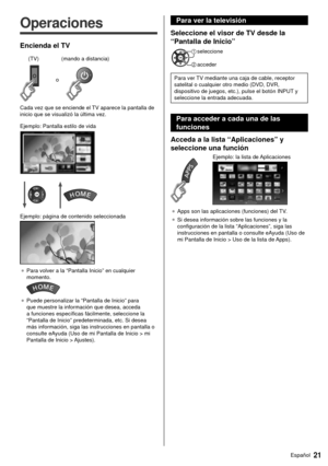 Page 2121Español
  
Operaciones
 Encienda el TV
  o
 (mando a distancia)
 (TV)
 Cada vez que se enciende el TV aparece la pantalla de 
inicio que se visualizó la última vez.
 Ejemplo: Pantalla estilo de vida
 
 Ejemplo: página de contenido seleccionada
 
● 
 Para volver a la “Pantalla Inicio” en cualquier 
momento.
 
●  Puede personalizar la “Pantalla de Inicio” para 
que muestre la información que desea, acceda 
a funciones específicas fácilmente, seleccione la 
“Pantalla de Inicio” predeterminada, etc. Si...