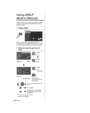 Page 20   
Using eHELP 
(Built-in Manual)
  eHELP is a built-in manual that explains how to easily 
operate the TV’s features. Press the eHELP button to 
access the guide.
  1 Display eHELP
 
 
[First page]
 
  When you enter eHELP again after exiting, the 
confirmation screen is displayed while the TV is turned 
on. You can select “First page” or “Last viewed page”.
  2  Select the desired page from the 
menu
 
  Categories  Menus
 
  select
 
 next
 
 
  select
 
 next
 
  Submenus
  Desired page
 
  select...