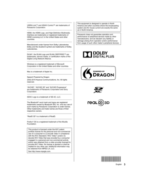 Page 3  This equipment is designed to operate in North 
America and other countries where the broadcasting 
system and AC house current are exactly the same 
as in North America.
 
  Panasonic does not guarantee operation and 
performance of peripheral devices made by other 
manufacturers; and we disclaim any liability or 
damage arising from operation and/or performance 
from usage of such other maker’s peripheral devices.
 
 
 
 
 
 
 
 
 
 
  VIERA Link™ and HDAVI Control™ are trademarks of 
Panasonic...