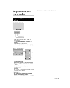 Page 73   
Emplacement des 
commandes
  Emplacement des commandes/
voyants
 
  Panneau avant du téléviseur
  1
  2
  3
  1 
Voyant d’alimentation (en marche : rouge; hors 
marche : éteint)
  2 
C.A.T.S. (Système de repérage automatique du 
contraste)
  3 
Capteur de signal de télécommande
  Portée maximale de la télécommande : 7 m (23 pi) de 
l’avant du téléviseur.
 
 
  Panneau arrière du téléviseur
 
1
  2
  4   3
 
1 
Change le mode d’entrée.
  
Sélectionne les rubriques du menu et du sous-menu.
  
(Appuyez...