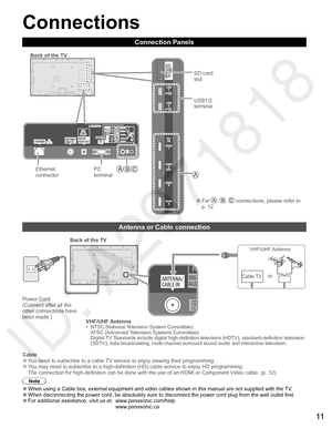 Page 1211
  Connections
Connection Panels
VHF/UHF Antenna•  NTSC (National Television System Committee):
ATSC (Advanced Television Systems Committee):
Digital TV Standards include digital high-definition television (HDTV), standard-definition television 
(SDTV), data broadcasting, multi-channel surround sound audio and interactive television.
   
Antenna or Cable connection
 
Cable  ●You need to subscribe to a cable TV service to enjoy viewing their programming.  ●You may need to subscribe to a high-definition...