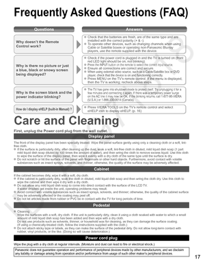 Page 1817
Questions Answers
Care and Cleaning
First, unplug the Power cord plug from the wall outlet.
Display panel
The front of the display panel has been specially treated. Wipe the panel surface gently using only a cleaning cloth or a soft, lint-
free cloth.
  If the surface is particularly dirty, after cleaning up the dust, soak a soft, lint-free cloth in diluted, mild liquid dish soap (1 part 
mild liquid dish soap diluted by 100 times the amount of water), and then wring the cloth to remove excess liquid....