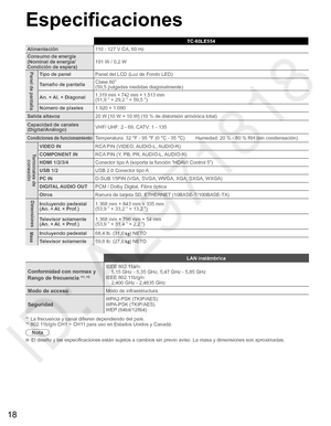 Page 1718
  LAN inalámbrica 
Conformidad con normas y
Rango de frecuencia *1, *2
IEEE 802.11a/n:
    5,15 GHz - 5,35 GHz, 5,47 GHz - 5,85 GHz
IEEE 802.11b/g/n:
    2,400 GHz - 2,4835 GHz 
Modo de accesoModo de infraestructura
SeguridadWPA2-PSK (TKIP/AES)
WPA-PSK (TKIP/AES)
WEP (64bit/128bit)
*
1 La frecuencia y canal difieren dependiendo del país.
*2 802.11b/g/n CH1 ~ CH11 para uso en Estados Unidos y Canadá.
Nota
  El diseño y las especificaciones están sujetos a cambios sin previo aviso. La masa y dimensiones...