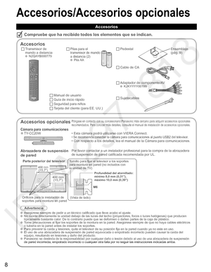 Page 78
Accesorios/Accesorios opcionales
Accesorios
Compruebe que ha recibido todos los elementos que se indican.
Accesorios
Transmisor de 
mando a distancia
 N2QAYB000779
Pilas para el 
transmisor de mando 
a distancia (2)
 Pila AA
Manual de usuario
Guía de inicio rápido
Seguridad para niños
Tarjeta del cliente (para EE. UU.)
  Pedestal
 
Accesorios opcionalesPóngase en contacto con su concesionario Panasonic más cercano para adquirir accesorios opcionales 
recomendados. Para conocer más detalles, consulte el...