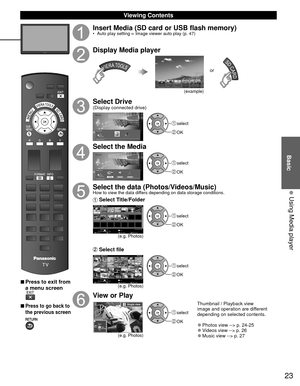 Page 2323
Basic
  Using Media player
 Viewing Contents
 
■Press to exit from 
a menu screen
 
■Press to go back to 
the previous screen 
Insert Media (SD card or USB flash memory)•  Auto play setting  Image viewer auto play (p. 47)
Display Media player
(example)
or
Select Drive(Display connected drive)
Media player
SD memory card Drive selectOK
RETURN Select
 select
 OK
Select the Media
Media player
Photos Videos MusicSD memory card Media selectOK
RETURN Select
 select
 OK
Select the data...