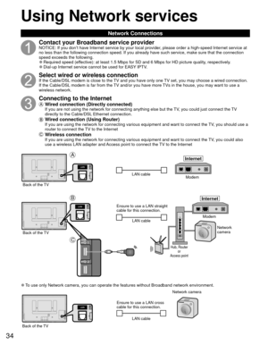 Page 3434
Using  Network services
 Network Connections
Contact your Broadband service providerNOTICE: If you don’t have Internet service by your local provider, please order a high-speed Internet service at 
no less than the following connection speed. If you already have such se\
rvice, make sure that the connection 
speed exceeds the following.
 
●Required speed (effective): at least 1.5 Mbps for SD and 6 Mbps for HD picture quality, respectively. 
●Dial-up Internet service cannot be used for EASY IPTV....