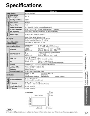 Page 5757
Support Information
 Specifications
 Frequently Asked Questions (FAQ)
TC-60PS34
Power Source AC 120 V
 , 60 HzPower
ConsumptionRated Power 
Consumption445 W
Standby condition 0.2 W
Plasma Display 
panelDrive methodAC type
Aspect Ratio 16:9
Visible screen size
(W × H × Diagonal)
(No. of pixels)  60 ” class (60.1 inches measured diagonally)
52.3 ” x 29.4 ” x 60.1 ” (1,330 mm x 748 mm x 1,526 mm)
2,073,600 (1,920 (W) × 1,080 (H))  [5,760 × 1,080 dots]
Sound
Audio Output
20 W [10 W + 10 W] (10 % THD)
PC...