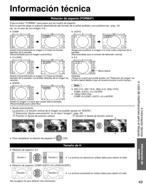 Page 4949
Información de soporte
 Información técnica
 Lista de clasificaciones para el bloqueo
 Información técnica
 Relación de aspecto (FORMAT)
Pulse el botón “FORMAT” para pasar por los modos de aspecto.
Esto le permite elegir el aspecto dependiendo del formato de la señal\
 recibida y sus preferencias. (pág. 18)
(ej.: en el caso de una imagen 4:3)
 COMP JUSTO
COMPJUSTO
Amplía horizontalmente la imagen 4:3 hasta los bordes 
laterales de la pantalla.
(Recomendada para la imagen anamórfica) Alarga para...