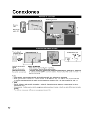 Page 3410
  Conexiones
Paneles de conexión
Cable de alimentación 
de CA
(Conecte después de 
haber terminado todas 
las demás conexiones.)Antena de VHF/UHF
•  NTSC (National Television System Committee):
ATSC (Advanced Television Systems Committee):
Las normas de televisión digital incluyen la televisión de alta definición digital (HDTV), la televisión 
de definición estándar (SDTV), la emisión de datos, el audio multicanal de sonido envolvente y la 
televisión interactiva.
   
Conexión de antena o cable...