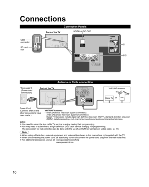 Page 1010
  Connections
Connection Panels
 
 
Antenna or Cable connection
 
Cable  ●You need to subscribe to a cable TV service to enjoy viewing their programming.  ●You may need to subscribe to a high-definition (HD) cable service to enjoy HD programming. 
The connection for high-definition can be done with the use of an HDMI or Component Video cable. (p. 11)
Note
  ●When using a Cable box, external equipment and video cables shown in this manual are not supplied with the TV.  ●When disconnecting the power...