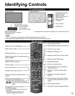 Page 1413
Front of the TV Back of the TVChanges the input mode
Chooses Menu and 
Submenu entries
(Press and hold down for 
MENU function)
Volume up/down
Remote control sensor 
within about 23 feet (7 meters) in 
front of the TV setSelects channels 
in sequence
C.A.T.S. sensor
Plasma C.A.T.S. (Contrast 
Automatic Tracking System)
POWER button
  Power indicator
(on:  red, off:  no light)
•  An image of the control panel is displayed on the screen while using it.
Identifying Controls
Note
  ●The TV consumes a...