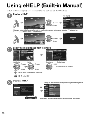 Page 1716
Using eHELP (Built-in Manual)
eHELP (built-in manual) helps you understand how to easily operate the TV features.
Display eHELP[Top page]
 select
 next
When you enter eHELP again after exit, the confirmation screen is displayed while the TV is turned on.
You can select “TOP PAGE” or “LAST PAGE”.
 select
 next
Select the desired page from the menu
Categories MenusSub menus Desired page
 select
 next
 select
 next
select
Change the menus using ▲/ ▼
 To return to the previous menu/layer
 To exit eHELP...