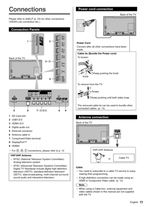 Page 1211English
 Power cord connection
 
 Power Cord
 Connect after all other connections have been 
made. Back of the TV
 Cable tie (Bundle the Power cord)
 To loosen:
 
 Knob
 Keep pushing the knob
 To remove from the TV:
 
 Keep pushing until both sides snap Snaps
 The removed cable tie can be used to bundle other 
connected cables. (p. 14)
 Antenna connection
 
 Back of the TV
  VHF/UHF Antenna or 
Cable TV
 Cable
●   You need to subscribe to a cable TV service to enjoy 
viewing their programming.
●   A...