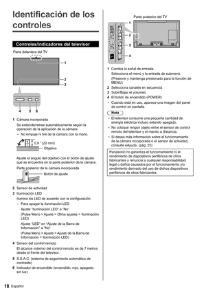 Page 1918Español
   
Identificación de los 
controles
  Controles/indicadores del televisor
 
1
2
3
456
  Parte delantera del TV
  1 
Cámara incorporada
  Se extiende/retrae automáticamente según la 
operación de la aplicación de la cámara.
  • 
No empuje ni tire de la cámara con la mano.
   0,9 “ (22 mm)
  Objetivo
 
Ajuste el ángulo del objetivo con el botón de ajuste 
que se encuentra en la parte posterior de la cámara.
    Parte posterior de la cámara incorporada
  Botón de ajuste
 
2 
Sensor de actividad...