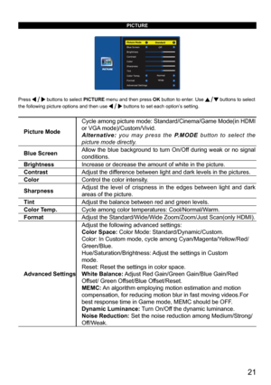 Page 21      21
PICTURE
Press  buttons to select PICTURE menu and then press OK button to enter. Use  buttons to select 
the following picture options and then use 
 buttons to set each option’s setting.
Picture Mode Cycle among picture mode: Standard/Cinema/Game Mode(in HDMI 
or VGA mode)/Custom/Vivid.
Alternative: 
you may press the P.MODE button to select the 
picture mode directly.
Blue Screen Allow the blue background to turn On/Off during weak or no signal 
conditions.
Brightness Increase or decrease the...