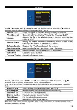 Page 23      23
NETWORK
Press  buttons to select NETWORK menu and then press OK button to enter. Use  buttons to 
select the following network options and then set each option’s setting.
Network TypeSelect two types of network: Wired(Ethernet) or Wireless. 
Wired(Ethernet)Connect the Ethernet to the TV: Auto Get IP/Manual Get IP. 
WirelessConnect the TV to the wireless network through searching the 
available Wi-Fi.
Network StatusDisplay the current information of network status: Subnet Mask/
Gateway/DNS Server...