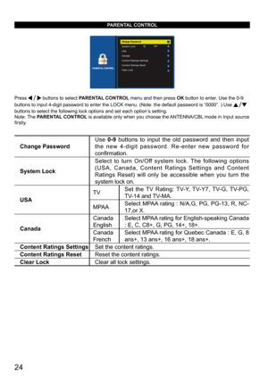 Page 2424
PARENTAL CONTROL
Press  buttons to select PARENTAL CONTROL menu and then press OK button to enter. Use the 0-9 
buttons to input 4-digit password to enter the LOCK menu. (Note: the de\
fault password is “0000”. ) Use 
 
buttons to select the following lock options and set each option’s setting.
Note: The  PARENTAL CONTROL is available only when you choose the ANTENNA/CBL mode in Input source 
firstly.
Change Password Use 
0-9 buttons to input the old password and then input 
the new 4-digit password....