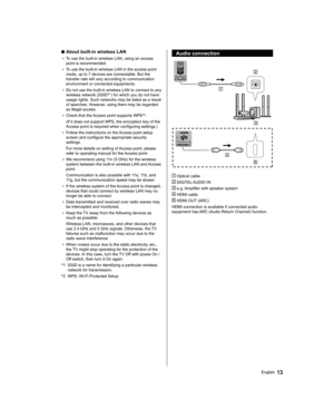 Page 13  ■ 
About built-in wireless LAN
●  
To use the built-in wireless LAN, using an access 
point is recommended.
●  
To use the built-in wireless LAN in the access point 
mode, up to 7 devices are connectable. But the 
transfer rate will vary according to communication 
environment or connected equipments.
●  
Do not use the built-in wireless LAN to connect to any 
wireless network (SSID*1) for which you do not have 
usage rights. Such networks may be listed as a result 
of searches. However, using them may...