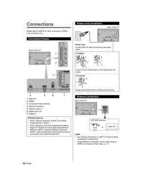 Page 10   
Connections
 
Please refer to eHELP for other connections (VIERA 
Link connection etc.).
  Connection Panels
 
 
Back of the TV
  1
  2
  3
  4 5 6 7
  1 
USB1/2/3
  2 
HDMI3
  3 
Component/Video terminal
  4 
Ethernet connector
  5 
Antenna cable in
  6 
Digital audio out
  7 
HDMI1/2
 
VHF/UHF Antenna
  • 
NTSC (National Television System Committee): 
Analog television system
  • 
ATSC (Advanced Television Systems Committee): 
Digital TV Standards include digital high-definition 
television (HDTV),...