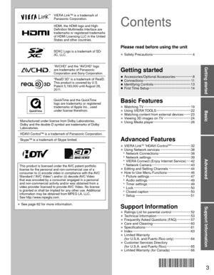Page 33
Basic
Advanced
Support Information
Getting started
VIERA Link™ is a trademark of 
Panasonic Corporation.
HDMI, the HDMI logo and High-
Definition Multimedia Interface are 
trademarks or registered trademarks 
of HDMI Licensing LLC in the United 
States and other countries.
SDXC Logo is a trademark of SD-
3C, LLC.
“AVCHD” and the “AVCHD” logo 
are trademarks of Panasonic 
Corporation and Sony Corporation.
“RealD 3D” is a trademark of RealD.
This product is covered by U.S. 
Patent 5,193,000 until August...