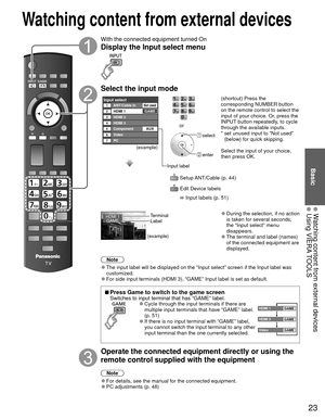 Page 2323
Basic
  Watching content from external devices Using VIERA TOOLS
With the connected equipment turned On
Display the  Input select menu
Select the input mode
Input selectANT/Cable In1234
HDMI 1
HDMI 2GAME
HDMI 356Video7PC
Component
AUX
Not used
(example)
Input label
 select
 enter
or
  Setup ANT/Cable (p. 44)
  Edit Device labels 
 Input labels (p. 51) (shortcut) Press the 
corresponding NUMBER button 
on the remote control to select the 
input of your choice. Or, press the 
INPUT button repeatedly, to...