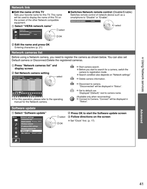 Page 4141
Advanced
 Using Network services
Network link
 
■Edit the name of this TVSets your favorite name for this TV. This name 
will be used to display the name of this TV on 
the screen of the other Network compatible 
equipment.
 Select “VIERA network name”
MenuNetwork linkVIERA network nameNetwork remote controlVIERA
Enable  select
 OK
  Edit the name and press OKEntering characters (p. 21)
 
■Switches Network remote control (Disable/Enable)Switches remote control of network device such as a 
smartphone...