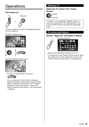 Page 2019English
  
Operations
 Turn power on
  or
 (Remote)
 (TV)
 The last viewed Home Screen is displayed each time 
the TV is turned on.
 Example: Lifestyle Screen
 
 
 Example: Selected content screen
 
● 
 To return to “Home Screen” at any time.
 
●  You can customize “Home Screen” and display 
desired information, access specific features easily
, 
select the default “Home Screen”, etc. For details, 
follow the on-screen instructions or refer to the 
eHELP (Using my Home Screen > my Home Screen 
>...