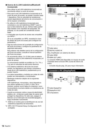 Page 1514Español
  Conexión de audio
 
  Cable óptico
 
 DIGITAL AUDIO IN
 
 ej. Amplificador con sistema de altavoz
 
 Cable HDMI
 
 HDMI OUT (ARC)
  La conexión HDMI está disponible si el equipo de audio 
conectado tiene la función ARC (Canal de retorno de 
audio).
  • 
Consulte eAyuda (pág. 24) para mayor información.
 
Conexión a PC (DisplayPort)
 
  Cable DisplayPort
 
 DisplayPort OUT
 
 Computadora
  ■ 
Acerca de la LAN inalámbrica/Bluetooth 
incorporada
●  
Para utilizar la red LAN inalámbrica...