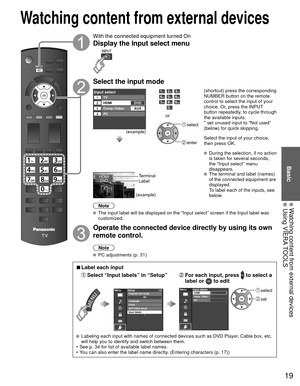 Page 1919
Basic
 Watching content from external devices Using VIERA TOOLS
With the connected equipment turned On
Display the  Input select menu
Select the input mode
Input selectTV1234
HDMI
Comp./Video
PCAUX DVD
(example)
or
 select
 enter
(shortcut) press the corresponding 
NUMBER button on the remote 
control to select the input of your 
choice. Or, press the INPUT 
button repeatedly, to cycle through 
the available inputs. 
* set unused input to “Not used” 
(below) for quick skipping.
Select the input of...