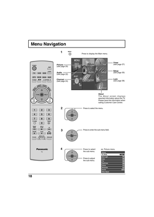 Page 1818
MENU
CH
VOL
CHVOL
OK
Picture
Color
Tint
Brightness
Picture
Sharpness
Normal
Other Adjust 
Pic Mode
Vivid
31
Back Light63
31
31
63
42
Set
TV
POWER
R-TUNEPROG
VCRDVD
RCVR
LIGHT
TV/VIDEOA -ANTENNA - B
SAP
123
456
78
0
9
AUX
ASPECT
MUTERECALL
STOPPAUSE
TV/VCR
REC
CH
VOL
CHVOL
OK
MENUEXIT
FF SPLIT
PLAY
DTVDBS/CBL
SLEEP
TV
OPEN/CLOSESPLIT CH
DVD/VCR CH SWAP
REW
Menu Navigation
1Press to display the Main menu.
2Press to select the menu.
Timer
(see page 27)
Setup
(see page 30)
Lock
(see page 36)
3
4Press to...