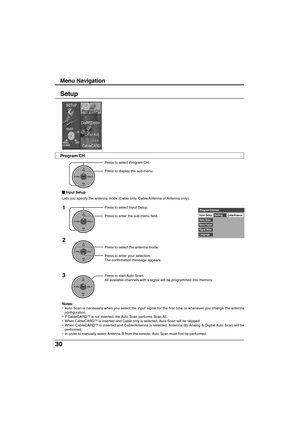 Page 3030
Setup
CH
VOL
CHVOL
OK
Press to select Program CH.
Press to display the sub-menu.
Press to select the antenna mode.
Press to enter your selection.
The confirmation message appears.
CH
VOL
CHVOL
OK
Cable/Antenna
Program Channel
Input SetupSetting
Auto Scan
Manual Program
Signal Meter
Language
1
2
CH
VOL
CHVOL
OK
Press to select Input Setup.
Press to enter the sub-menu field.
3
CH
VOL
CHVOL
OK
Press to start Auto Scan.
All available channels with a signal will be programmed into memory.
Notes:
•Auto Scan...