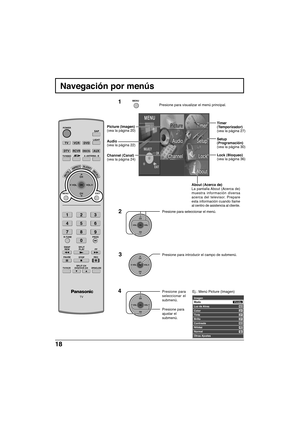 Page 8818
MENU
CH
VOL
CHVOL
OK
Imagen
Color
Tinte
Brillo
Contraste
Nitidez
Normal
Otros Ajustes 
Modo
Vívido
31
Luz de Atras63
31
31
63
42
Si
TV
POWER
R-TUNEPROG
VCRDVD
RCVR
LIGHT
TV/VIDEOA -ANTENNA - B
SAP
123
456
78
0
9
AUX
ASPECT
MUTERECALL
STOPPAUSE
TV/VCR
REC
CH
VOL
CHVOL
OK
MENUEXIT
FF SPLIT
PLAY
DTVDBS/CBL
SLEEP
TV
OPEN/CLOSESPLIT CH
DVD/VCR CH SWAP
REW
Navegación por menús
1Presione para visualizar el menú principal.
2Presione para seleccionar el menú.
Timer
(Temporizador)
(vea la página 27)
Setup...