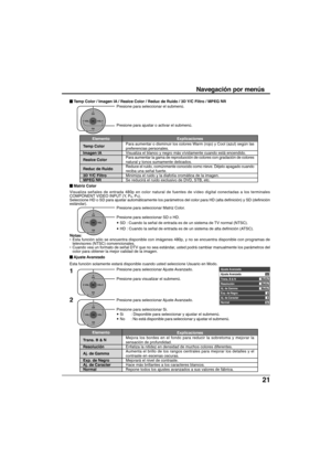 Page 9121
Notas:
•Esta función sólo se encuentra disponible con imágenes 480p, y no se encuentra disponible con programas de
televisores (NTSC) convencionales.
•Cuando vea un formato de señal DTV que no sea estándar, usted podrá cambiar manualmente los parámetros del
color para obtener la mejor calidad de la imagen.
CH
VOL
CHVOL
OK
Presione para seleccionar el submenú.
Presione para ajustar o activar el submenú.
Navegación por menús
 Temp Color / Imagen IA / Realce Color / Reduc de Ruido / 3D Y/C Filtro / MPEG...