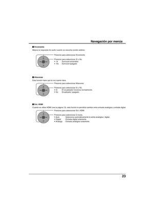 Page 9323
Presione para seleccionar Envolvente.
Presione para seleccionar Si u No.
•  Si : Surround encendido
•  No : Surround apagado
Presione para seleccionar Altavoces.
Presione para seleccionar Si u No.
• Si : El ecualizador funciona normalmente.
• No : Ecualizador apagado.
Presione para seleccionar Ent. HDMI.
Presione para seleccionar el modo.
• Auto : Selecciona automáticamente la señal analógica / digital.
• Digital : Entrada digital solamente.
• Analogo : Entrada analógica solamente.
Navegación por...