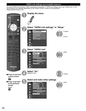 Page 2424
 VIERA Link settings and Available features
To use all VIERA Link functions: After everything is connected, in VIERA Link settings menu, set “VIERA Link” to “On”.
Some features are disabled depending on the “HDAVI Control” version of the equipment. 
Please check the list (p. 22)
 Press to exit from a menu screen
 Press to go back to the previous 
screen
Display the menu
Select “VIERA Link settings” in “Setup”
MenuSetup 2/2
Advanced setupFirst time setup
About
Reset to defaults VIERA Link settings...