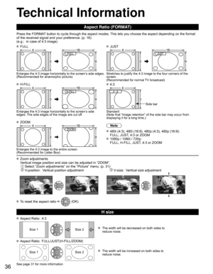 Page 3636
 Technical Information
 Aspect Ratio (FORMAT)
Press the FORMAT button to cycle through the aspect modes. This lets you choose the aspect depending on the format 
of the received signal and your preference. (p. 16) 
(e.g.:  in case of 4:3 image)
 FULL JUST
FULL JUST 
Enlarges the 4:3 image horizontally to the screen’s side edges.
(Recommended for anamorphic picture)Stretches to justify the 4:3 image to the four corners of the 
screen. 
(Recommended for normal TV broadcast)
 H-FILL 4:3
H-FILL 
Side bar...