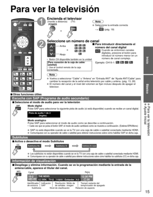 Page 1515
Inicio
Básico
 Para ver la televisión Ajuste Inicial
 Para ver la televisión
Encienda el televisor(TV)
o
(mando a distancia)
Nota
  Seleccione la entrada correcta 
--> 
 (pág. 19)
 Seleccione un número de canal
Arriba
Abajo o
•  Botón CH disponible también en la unidad. 
[Para conexión de la caja de cable/
satelital]
- Use el control remoto de la caja 
conectada.
 Para introducir directamente el  número del canal digital
Cuando se sintonicen canales 
digitales, presione el botón para 
introducir el...