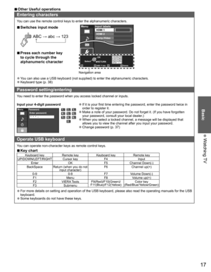 Page 1717
Basic
 Watching TV
 ■Other Useful operations
Entering characters
You can use the remote control keys to enter the alphanumeric characters.
 ■Switches input mode
 ABC → abc → 123 ↑_____________|
 ■Press each number key 
to cycle through the 
alphanumeric character 
SelectOK
RETURNABC Delete
abcRGBY
1 @.4 GHI7 PQRS2ABC5 JKL8 TUV3 DEF6MNO9WXYZ0 - ,LAST
MenuInput labels
Video 2
Video 1 HDMI 2Comp./Video
HDMI 1
Navigation area
 ●You can also use a USB keyboard (not supplied) to enter the alphanumeric...