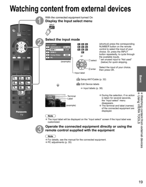 Page 1919
Basic
 Watching content from external devices Using VIERA TOOLS
With the connected equipment turned On
Display the Input select menu
Select the input mode
Input selectANT/Cable In12345
HDMI 1
HDMI 2
Comp./VideoGAME
PC
Not used
AUX
(example)
Input label
or
 select
 enter
  Setup ANT/Cable (p. 32)
  Edit Device labels 
 Input labels (p. 38)
(shortcut) press the corresponding 
NUMBER button on the remote 
control to select the input of your 
choice. Or, press the INPUT 
button repeatedly, to cycle...