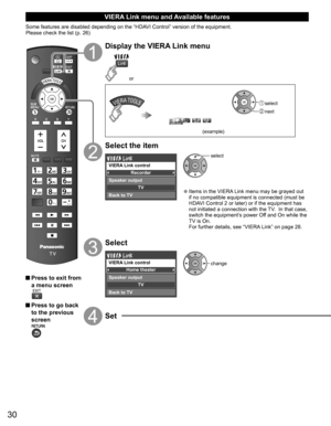 Page 3030
VIERA Link menu and Available features
Some features are disabled depending on the “HDAVI Control” version of the equipment. 
Please check the list (p. 26)
 Press to exit from 
a menu screen 
 Press to go back 
to the previous 
screen 
Display the VIERA Link menu
or
 select
 next
(example)
Select the item
Select
Change RETURN
Recorder
TV
VIERA Link control
Speaker output
Back to TV
select
 ●Items in the VIERA Link menu may be grayed out 
if no compatible equipment is connected (must be 
HDAVI Control...