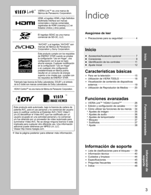 Page 33
Básico
Funciones avanzadas
Información de soporte
Inicio
VIERA Link™ es una marca de fábrica de Panasonic Corporation.
HDMI, el logotipo HDMI y High-Definition Multimedia Interface son marcas 
comerciales o marcas comerciales 
registradas de HDMI Licensing LLC en 
Estados Unidos y otros países.
El logotipo SDXC es una marcacomercial de SD-3C, LLC.
“AVCHD” y el logotipo “AVCHD” son marcas de fábrica de Panasonic 
Corporation y Sony Corporation.
Este producto cumple con los requisitos de ENERGY STAR...