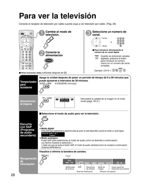 Page 2828
15-2 
ABC - HD 
1080I  T V -G Estándar4 : 3 30 CC SPA
Apaga la unidad después de pasar un periodo de tiempo de 0 a 90 minutos que
puede ajustarse a intervalos de 30 minutos.
Temporizador
para
acostarse
Escucha
con SAP
(Programa
de audio
secundario)
Recuperación
de
información
Canal
Identificador
de emisoraSPA
Nivel de clasificaciónModo de
imagen Resolución
de señales
Relación de aspecto
Tiempo restante del 
temporizador para acostarse
■ Otras funciones útiles (Utilícelas después de )
■ Seleccione el...